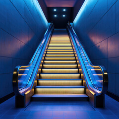 Poster - modern escalator illuminated by blue and warm lights, leading up sleek staircase in contemporary subway station. atmosphere is inviting and futuristic, creating sense of movement and exploration