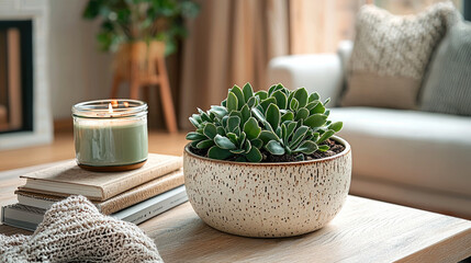 Poster - beautifully styled modern living room featuring succulent plant in decorative pot, lit candle, and cozy textiles, creating warm and inviting atmosphere