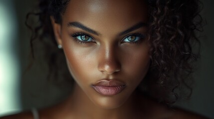 Aufkleber - In an intimate setting, a woman exudes power through her intense gaze, with captivating eyes reflecting a world of untold stories. Soft light enhances her enigmatic aura
