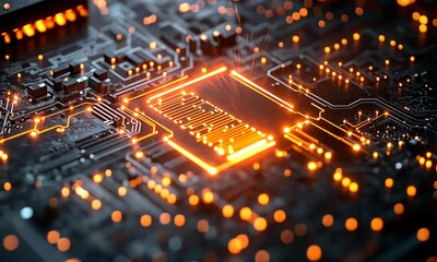 Poster - Detailed Microchip Circuit Board Animation with Glowing Pathways and Sparks Visual