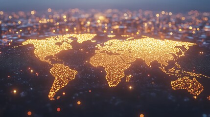 Aufkleber - Aerial view of a glowing world map at night, showcasing illuminated cities against a dark backdrop