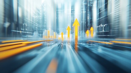 Poster - Abstract representation of urban growth with upward arrows amidst a blurred cityscape background