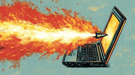Poster - Laptop erupting in fiery explosion.  Digital device ablaze with intense heat.  A volatile digital environment