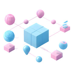 Poster - A digital art piece featuring interconnected pastel-colored spheres and cubes.