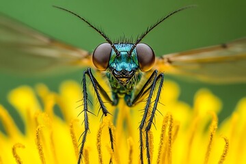 close-up photo of a yellow and black housefly sitting on a dandelion flower