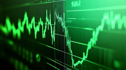 Poster - Fluctuating stock market data displayed on a screen.  Detailed stock chart with green lines, showing market trends, highs, lows, and patterns