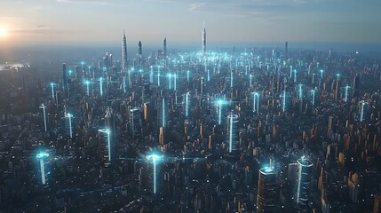 Aufkleber - Futuristic cityscape network.  A high-altitude view of a modern metropolis, interconnected by a network of glowing, futuristic light beams