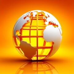 Aufkleber - Futuristic Globe Design: 3D Render of a White and Orange Globe Caged in Gridlines against a Warm, Reflective Backdrop