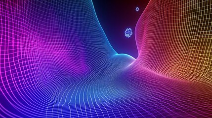 Aufkleber - Futuristic digital network tunnel with vibrant neon colors and grid patterns.  Dynamic, glowing lines create a swirling effect.  Abstract, 3D, and immersive