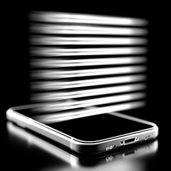 Leinwandbilder - Sleek Smartphone with Abstract Light Streaks on Black Reflective Surface, Modern Technology Design, Artistic Rendition
