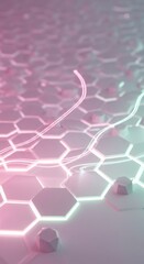 Poster - Abstract Hexagon Network Glowing with Pink and Green Neon Lights Digital Art