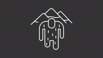 Poster - Animated yeti white icon. Ape like creature walking against mountains line animation. Nepalese mythology character. Isolated illustration on dark background. Transition alpha video. Motion graphic