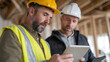 © AGCreative - Construction workers are collaborating on project, using digital tablet to review plans and measurements. Their focus and teamwork highlight importance of technology in modern construction