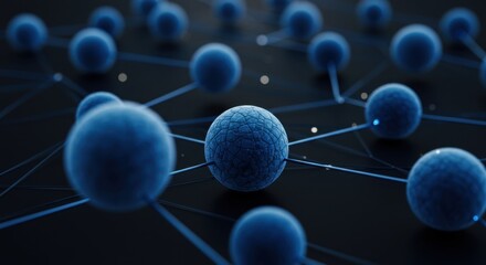 Poster - Abstract Network Visualization: Interconnected Blue Spheres Representing Global Communication, Data Transfer, or Molecular Structures