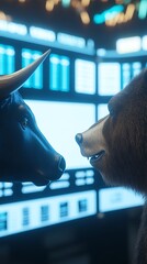 Poster - Bull and bear market, facing each other.  Financial technology and stock market
