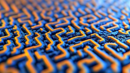 Aufkleber - Intricate network of interconnected pathways, vibrant orange and blue hues.  Detailed close-up view of complex, 3D circuitry or maze-like structure