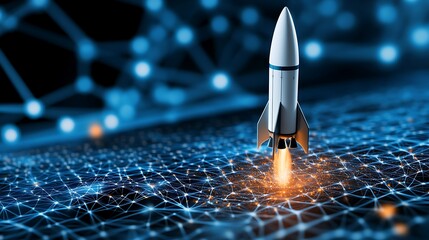 Aufkleber - Rocket launch into a digital network.  A futuristic, technology-driven concept of innovation and progress