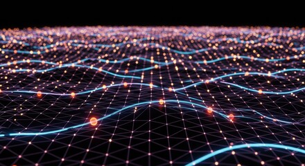 Poster - Abstract Digital Landscape: Network of glowing nodes and lines forming undulating waves across a dark background