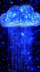 Aufkleber - Digital cloud raining light.  Abstract, vibrant blue cloud, with streams of glowing light