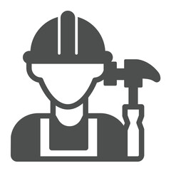 Poster - Builder man and hammer solid icon, construction concept. Vector graphics. Worker with hammer tool sign on white background, glyph style icon for mobile or web design.