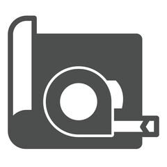Poster - Project paper and measuring tape solid icon, architect studio concept. Vector graphics. Ruler reel with project plan sign on white background, glyph style icon for mobile or web design.