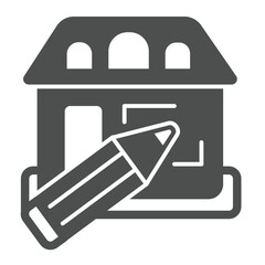 Poster - Home house design and pencil solid icon, architect studio concept. Vector graphics. Cottage building project drawing sign on white background, glyph style icon for mobile or web design.