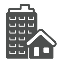 Poster - Skyscraper tower and cottage building solid icon, real estate concept. Vector graphics. City skyscraper, private house sign on white background, glyph style icon for mobile or web design.