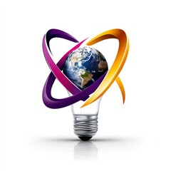 Fototapete - Creative Idea: Earth Inside Light Bulb Surrounded by Rings Concept Illustrating Green Energy and Innovation