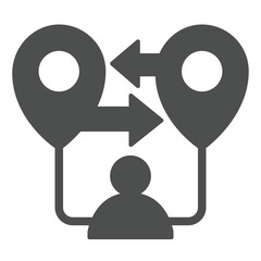 Poster - User with map distance solid icon, remote work concept. Vector graphics. Location pins, arrows and user sign on white background, glyph style icon for mobile or web design.