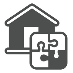 Poster - House and jigsaw puzzle solid icon, remote work concept. Vector graphics. Cottage building with puzzle, solution sign on white background, glyph style icon for mobile or web design.