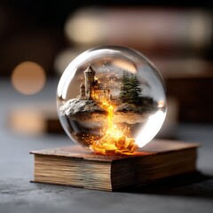 Leinwandbilder - Mystical Kingdom in a Glass Orb Resting on an Ancient Book, Featuring a Castle, Trees, and Flowing Light