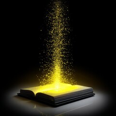 Poster - Unlocking Ancient Knowledge: A Magical Book Emitting a Cascade of Golden Light and Sparkling Energy into the Darkness