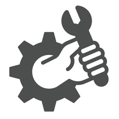 Aufkleber - Gear with wrench in hand solid icon, repair service concept. Vector graphics. Hand with wrench in cogwheel, work sign on white background, glyph style icon for mobile or web design.