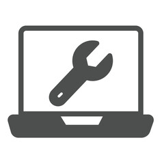 Fototapete - Laptop computer with wrench solid icon, repair service concept. Vector graphics. Computer system, screen sign on white background, glyph style icon for mobile or web design.