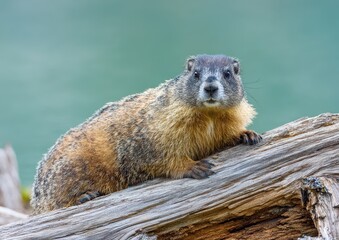 a curious marmot perches on a log by a calm lake, showcasing its fluffy fur and alert expression.