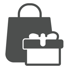 Poster - Shopping bag and gift box solid icon, happy christmas concept. Vector graphics. Paper packet with present package sign on white background, glyph style icon for mobile or web design.