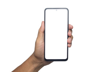 male hand holding smartphone with blank screen smartphone. isolated on white background. copy space. transparent png