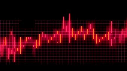 Poster - Dynamic stock market data visualization.  Fluctuating financial data displayed with vibrant red and orange vertical bars on a black grid background, representing market trends