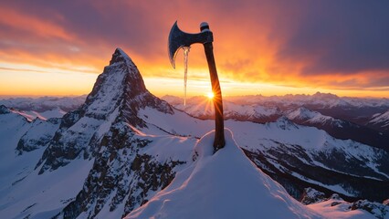 Aufkleber - Majestic Mountain Sunrise with Ice Axe on Snowy Peak Illuminated by Warm Golden Light over Jagged Snow-Covered Mountains
