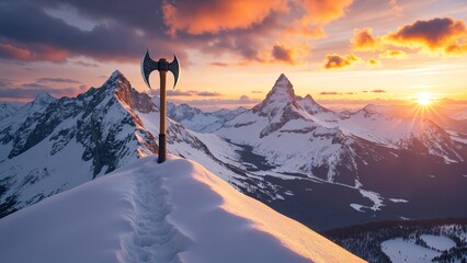 Poster - Majestic Mountain Sunrise with Ice Axe on Snowy Peak Illuminated by Warm Golden Light over Jagged Snow-Covered Mountains
