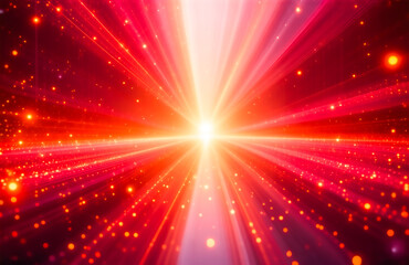 Fototapete - A vibrant burst of light, radiating outwards from a central point.  Red and orange hues dominate, speckled with smaller points of light, suggesting a cosmic or energetic effect.