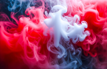 Leinwandbilder - Abstract image of swirling red, white, and blue smoke.  The colors blend and contrast creating a dynamic, almost ethereal effect against a dark background.