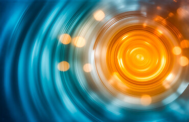 Poster - Abstract swirling light patterns in vibrant blue and orange hues.  The central area glows intensely, surrounded by concentric circles and bokeh effects.