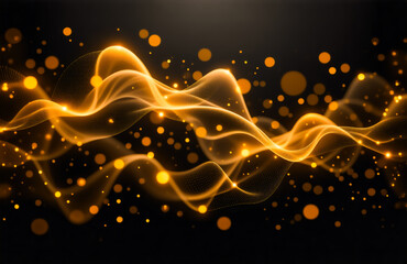 Poster - Golden, glowing waves flow across a dark background, shimmering with sparkling particles.  The image evokes luxury and elegance.
