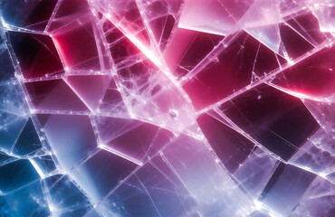 Aufkleber - Abstract image of shattered glass with vibrant pink and blue hues.  The fractured pieces create a complex, geometric pattern illuminated from within.
