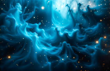 Aufkleber - A mesmerizing cosmic scene: swirling nebulae in vibrant blues, speckled with glittering gold stars against a dark backdrop.  The image evokes a sense of wonder and mystery.