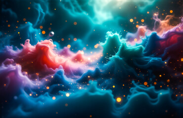Poster - A vibrant nebula of swirling red, pink, and teal colors. Glowing particles float amidst the cosmic clouds, creating a dreamy, ethereal scene.