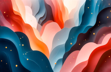 Aufkleber - Abstract landscape of layered, wavy paper shapes in warm and cool tones. Gold flecks sparkle throughout the vibrant, undulating forms, creating a dreamy, three-dimensional effect.