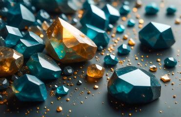 Poster - A close-up shot reveals a collection of lustrous teal and amber crystals scattered on a dark surface, adorned with golden flecks.  The gems exhibit multifaceted brilliance and varied shapes.