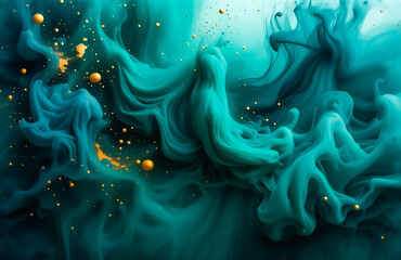 Poster - Abstract image of swirling teal and gold inks in water.  The colors blend and create a mesmerizing, ethereal effect. Gold particles are dispersed throughout.